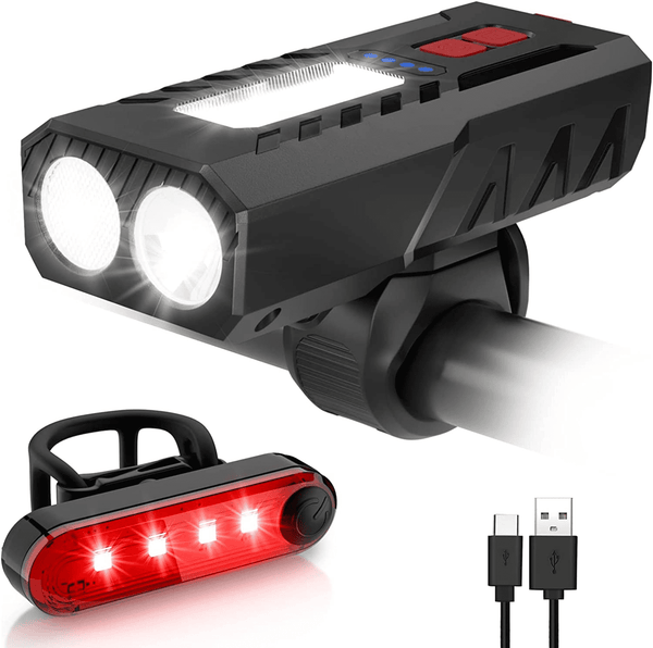 USB Rechargeable Bike Light Set,Super Bright Front Headlight and Rear LED Bicycle Light,650mah Lithium Battery,4 Light Mode Options(2 USB cables and 4 Strap Included)