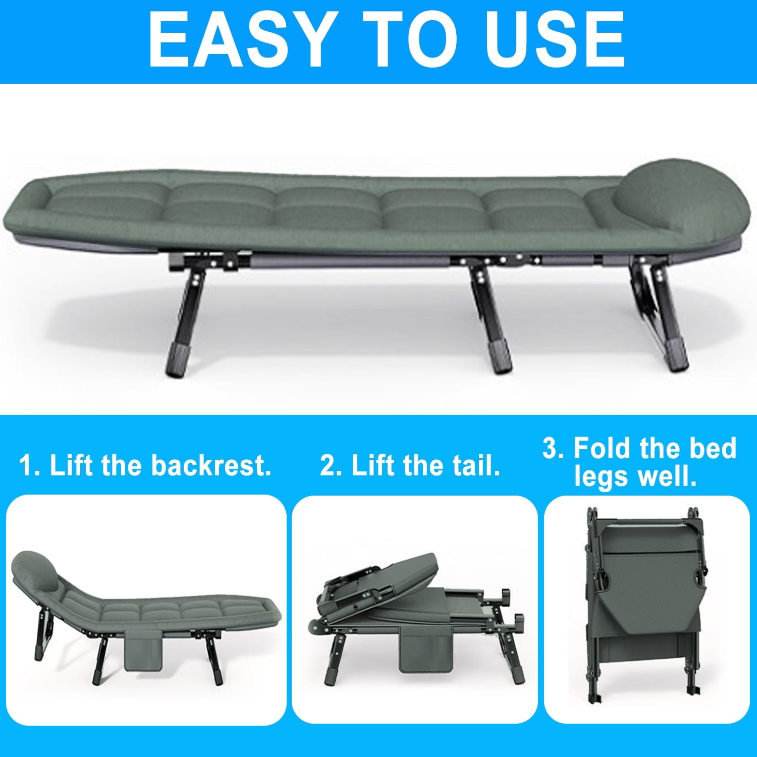 Folding Camping Cot Bed with Pillow, 78.7"*26.8" Adjustable 5-Position Folding Chaise Lounge Chair, Portable Guest Bed & Outdoor Folding Sleeping Cots Bed for Home, Office, Camping, Indoor, Outdoor