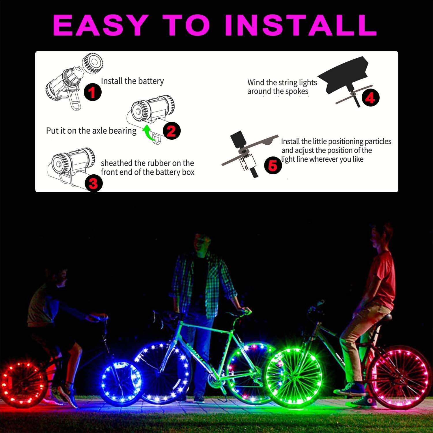 2-Tire Pack LED Bike Wheel Lights, Bike Lights Bright Waterproof Cycling Tire Light Front and Back Spoke Lights Bike Decoration Lights,Easy Install and Fits Most Bikes, for Kid, Teens, Adults