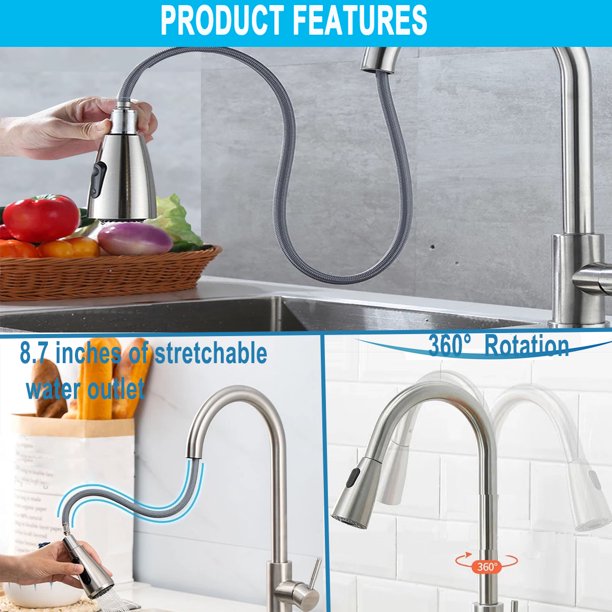 Kitchen Faucet with Pull Down Sprayer,Single Handle High Arc Brushed Nickel Pull Out Kitchen 360° Faucet with 2 modes,Durable Stainless Steel Kitchen Sink Faucet,Commercial Modern Kitchen Faucet