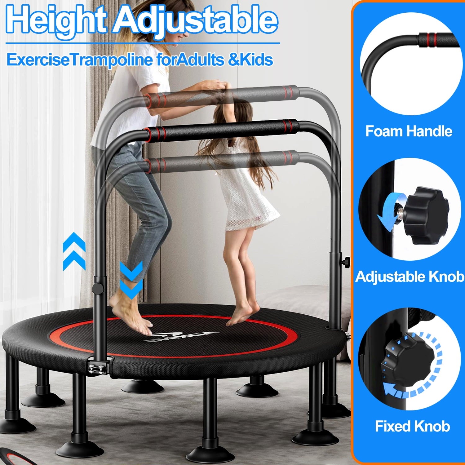 40" Folding Fitness Trampoline, Exercise Rebounder Mini Trampoline for Adults, Adjustable Handle Max Load 450lbs