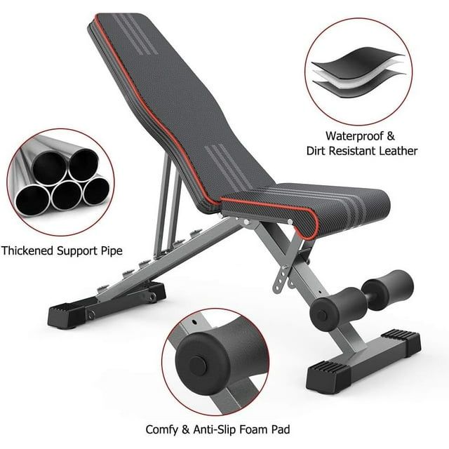 Adjustable Weight Bench - Utility Incline Decline Flat Foldable Bench Press sit up for Full Body Workout Home Exercise Gym Equipment – 7 Adjustable Positions & 2 Training Straps