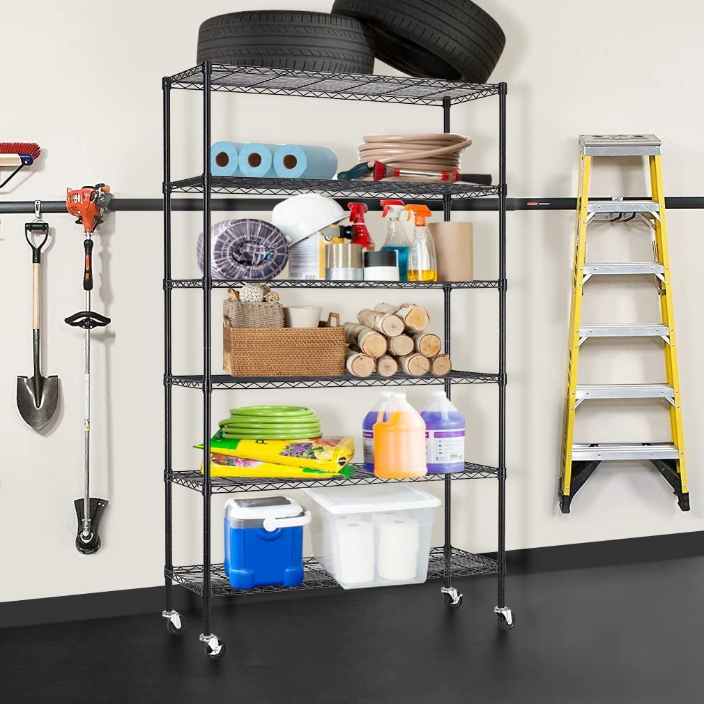 Storage Shelves , 4-Shelf on Casters Commercial Wire Shelving Unit Adjustable Layer Metal Rack Strong Steel for Restaurant Garage Pantry Kitchen,Black