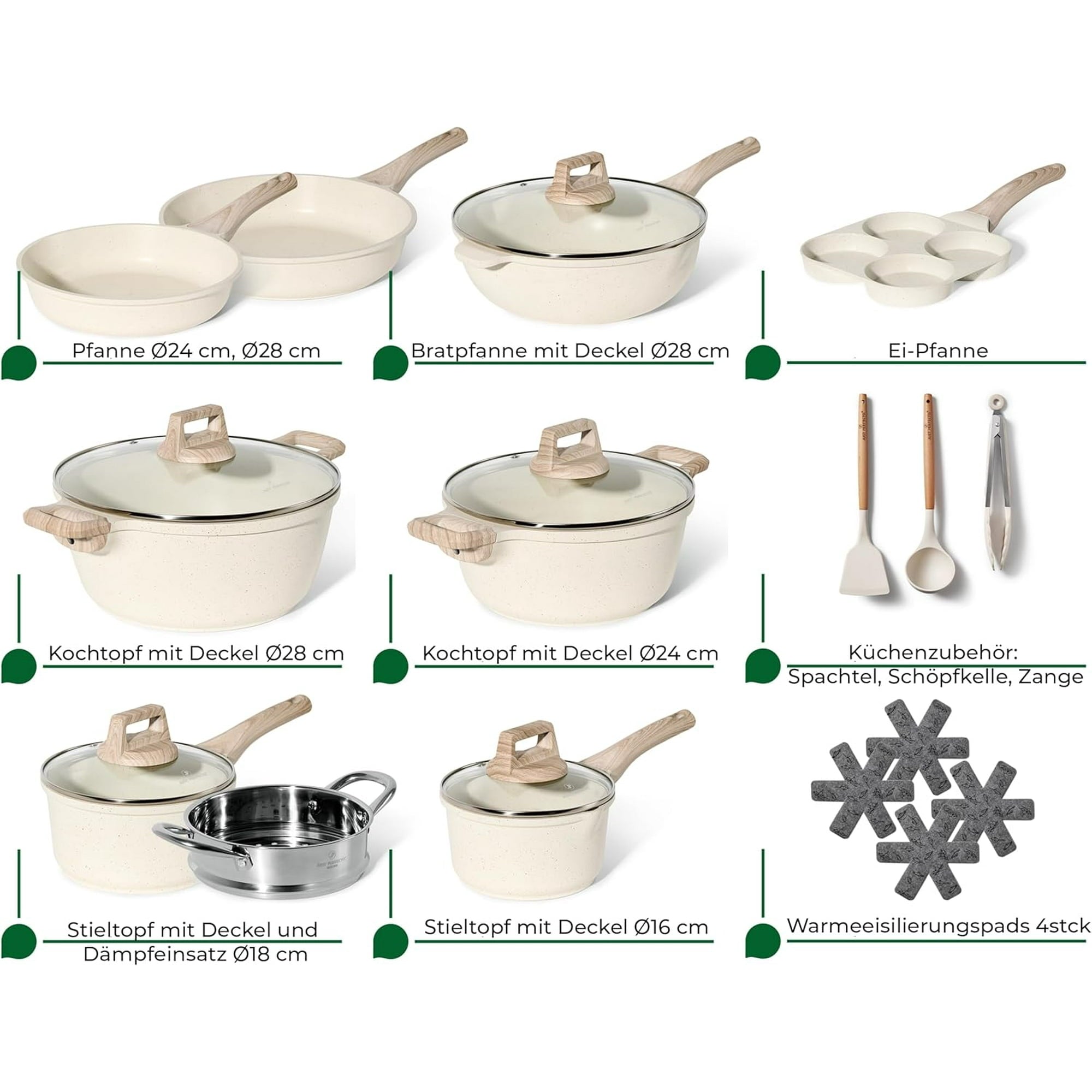 Pots and Pans, 19 Pcs Nonstick Kitchen Cookware Sets, Induction Cookware (Beige Granite)