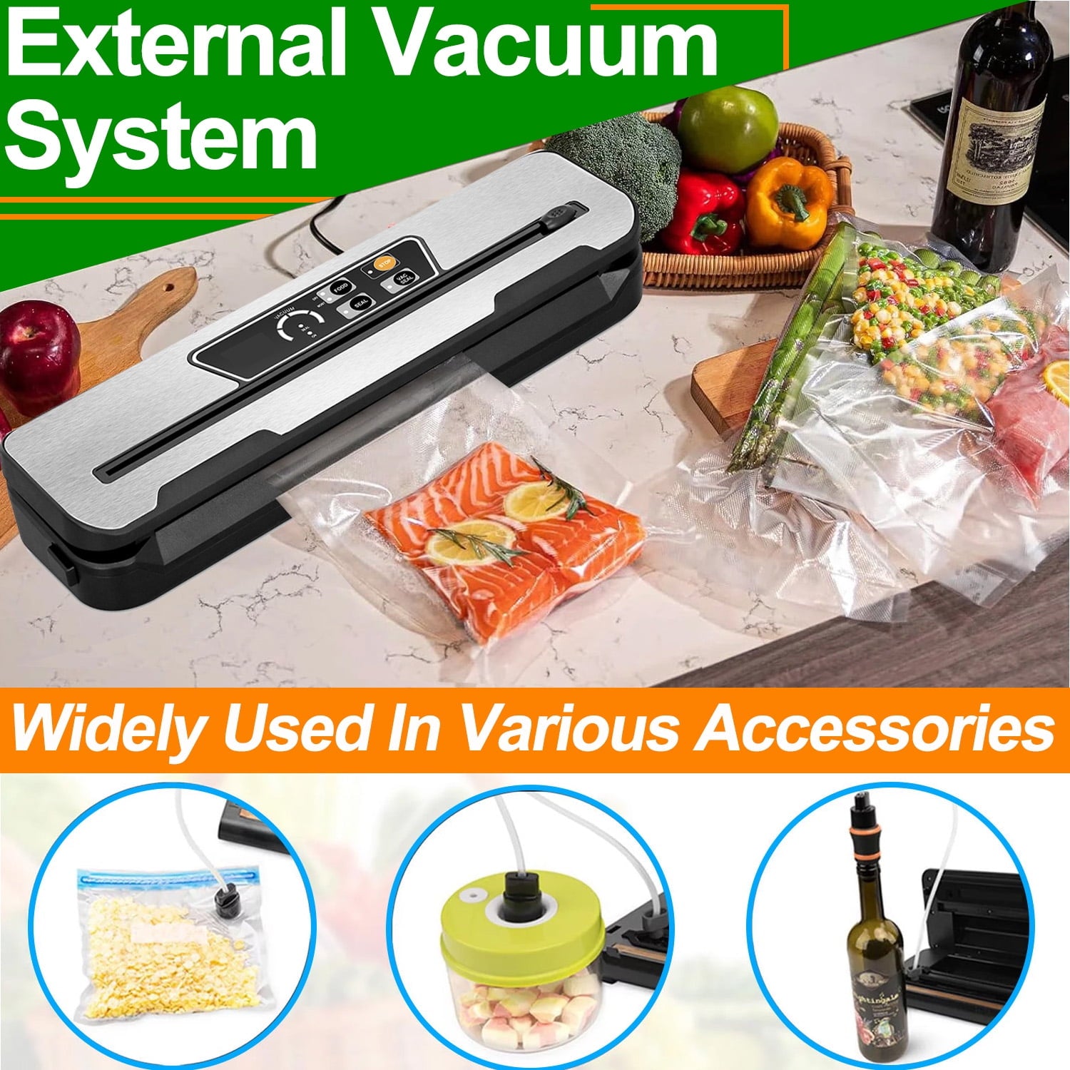 Food Vacuum Sealer Machine with 2 Rolls Food Vacuum Sealer Bags, Food Storage Saver Dry & Moist Food Modes, Led Indicator Lights, Easy to Clean