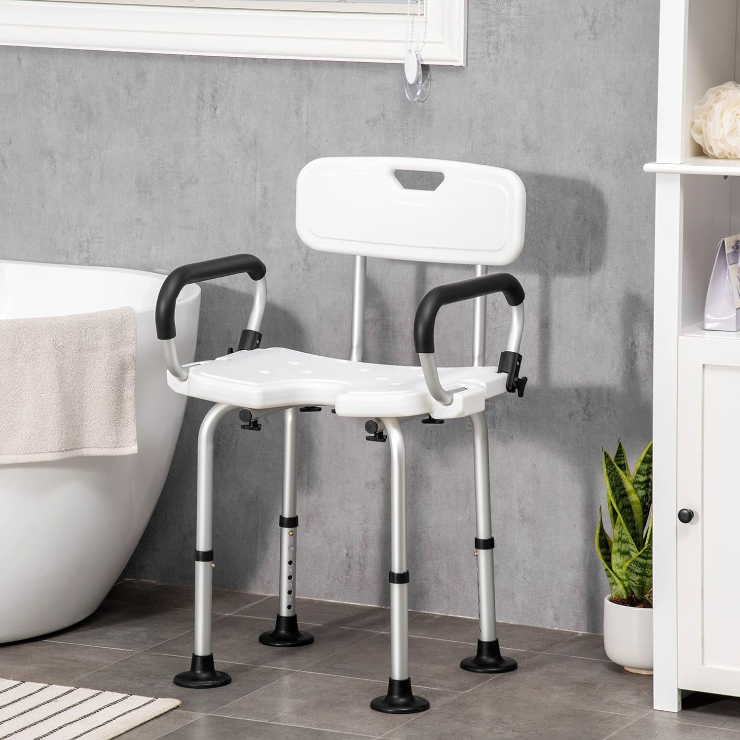 GAZILY Shower Chair Bath Seat with Back & Padded Armrests and Shower Grab Bar, Height Adjustable, Supports up to 500 lbs., White