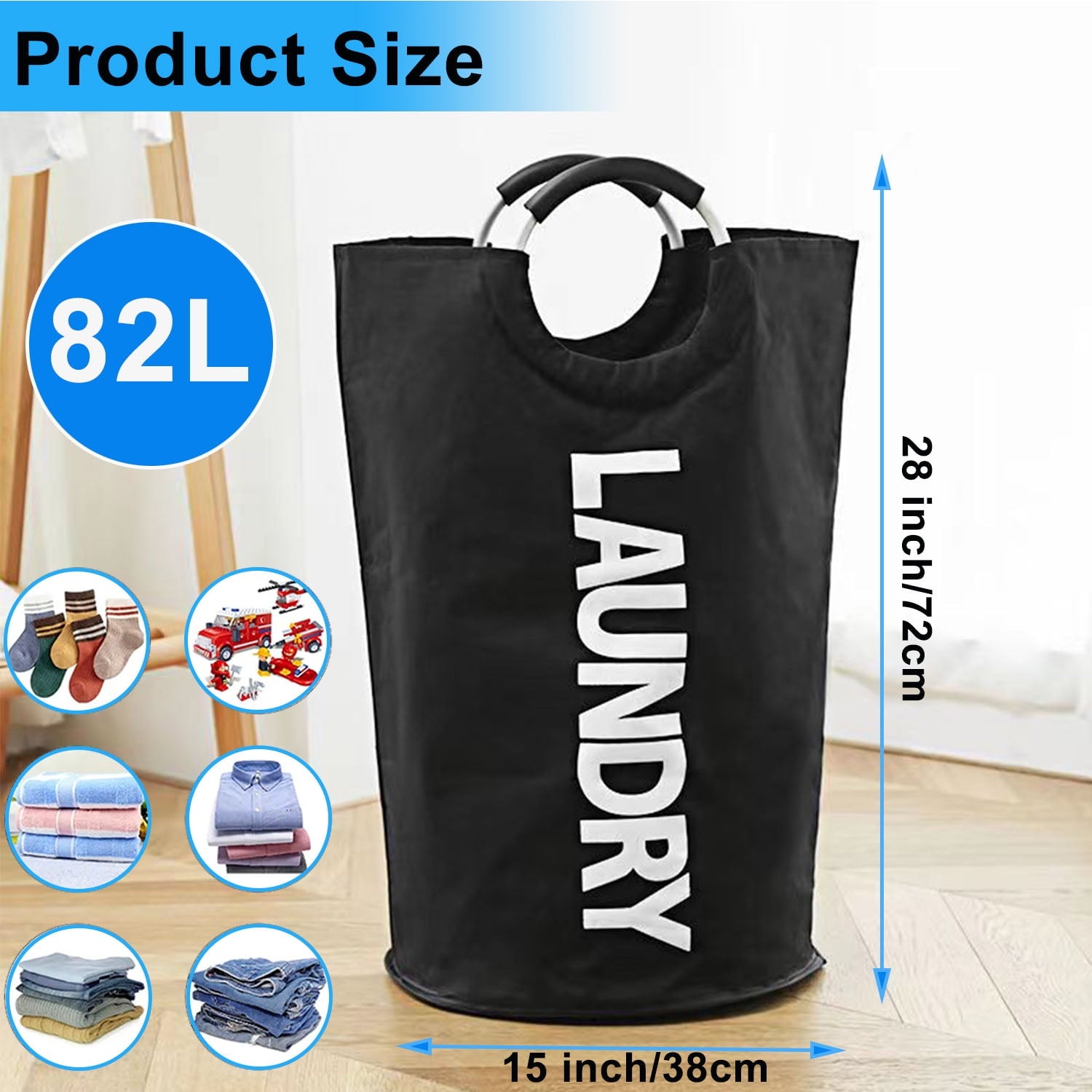 Laundry Basket, 82L Large Collapsible Laundry Baskets with 3pcs Wash Bag, Freestanding & Waterproof Laundry Baskets with Foam Protected Aluminum Handles for Laundry, Dorm, Family