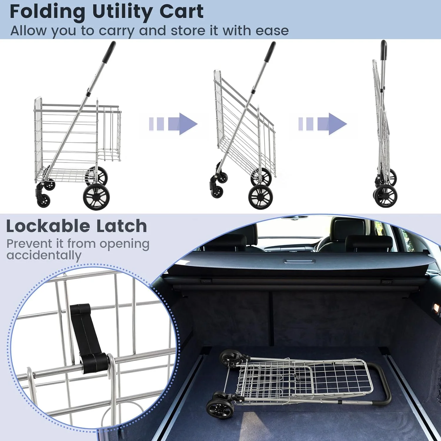 Folding Shopping Cart Utility Trolley Grocery Cart with Wheels Black