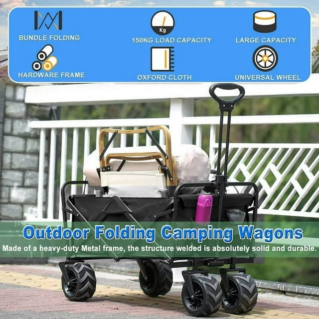 Collapsible Folding Wagon,Heavy Duty Wagon Cart Foldable with Aluminum Table Plate and Extra Pocket / Storage Bag,Utility Garden Carts for Camping Shopping Sports