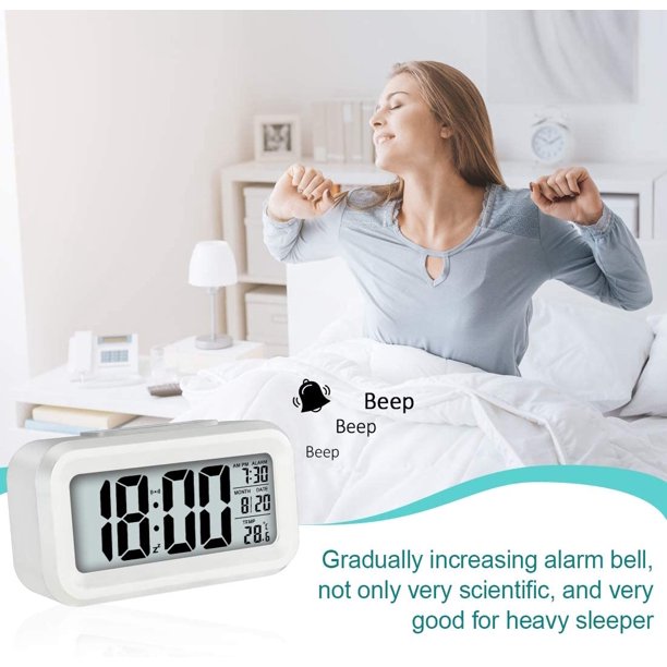 Alarm Clock for Bedrooms, Smart Night Light, Battery Operated Small Easy Desk Bedside Gifts Clock-White