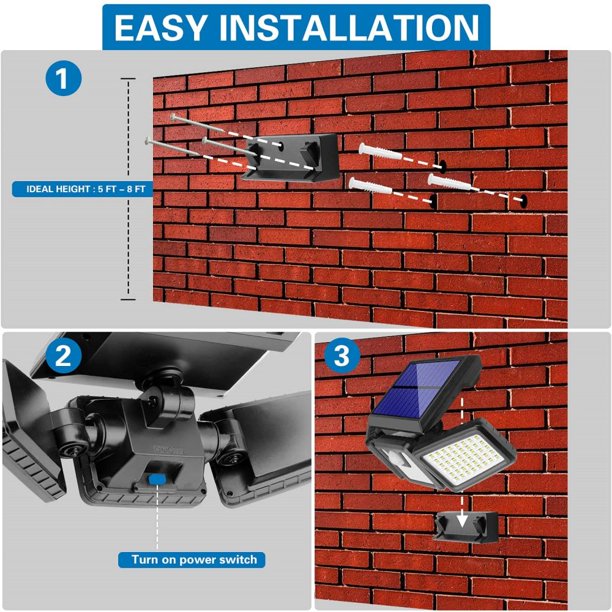 NIUTA Solar Lights Outdoor, 2 Pack 74 LED 800LM Cordless LED Solar Motion Sensor Lights; 3 Adjustable Heads, 270°Wide Angle Illumination, IP65 Waterproof, Security LED Flood Light(Daylight)