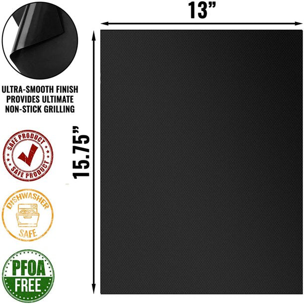 Musment Grill Mat Set of 2pcs-100% Non-Stick BBQ Grill Mats, Heavy Duty, Reusable, and Easy to Clean - Works on Electric Grill Gas Charcoal BBQ - 15.75 x 13-Inch, Black