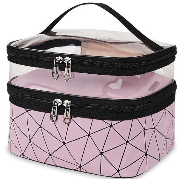 HKEEY Makeup Bag Double layer Travel Cosmetic Cases Make up Organizer Toiletry Bag (Pink)