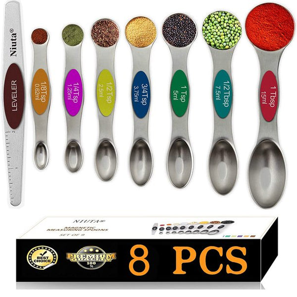 Musment Magnetic Measuring Spoons Set, Dual Sided, Stainless Steel, Fits in Spice Jars (8 Pieces-Multicolor)