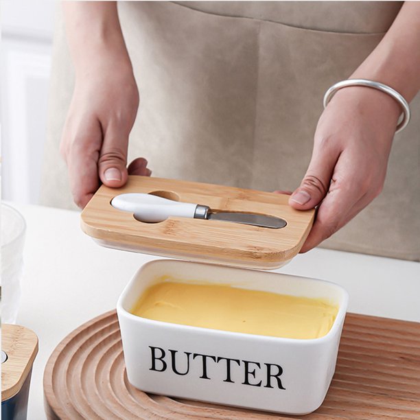 HKEEY Butter Dish,Ceramic Butter Dish with lid and Stainless Steel Butter Knife Spreader, Butter Keeper Double Silicone Seals, Easy Clean, Butter Dishes with Covers