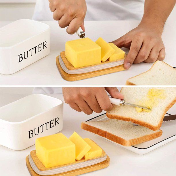 HKEEY Butter Dish,Ceramic Butter Dish with lid and Stainless Steel Butter Knife Spreader, Butter Keeper Double Silicone Seals, Easy Clean, Butter Dishes with Covers