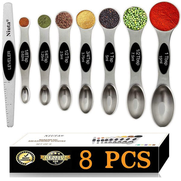 Musment Magnetic Measuring Spoons Set, Dual Sided, Stainless Steel, Fits in Spice Jars (8Pcs-Black)