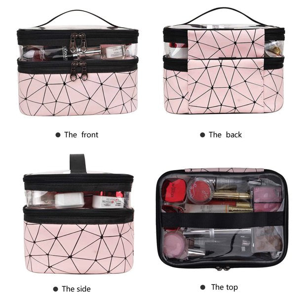 HKEEY Makeup Bag Double layer Travel Cosmetic Cases Make up Organizer Toiletry Bag (Pink)