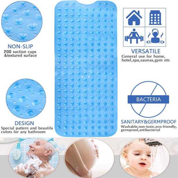 Bath Tub Mat, Non-Slip Bathtub Mats, Bathroom Shower Mats with Suction Cups and Drain Holes Machine Washable-39.4x15.8 inches Blue