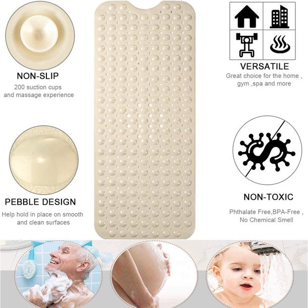 Pinshey Bath Tub Mat, Bathroom Shower Mats,Non-Slip Bathtub Mats with Suction Cups and Drain Holes Machine Washable,39.4x15.8 inches Beige