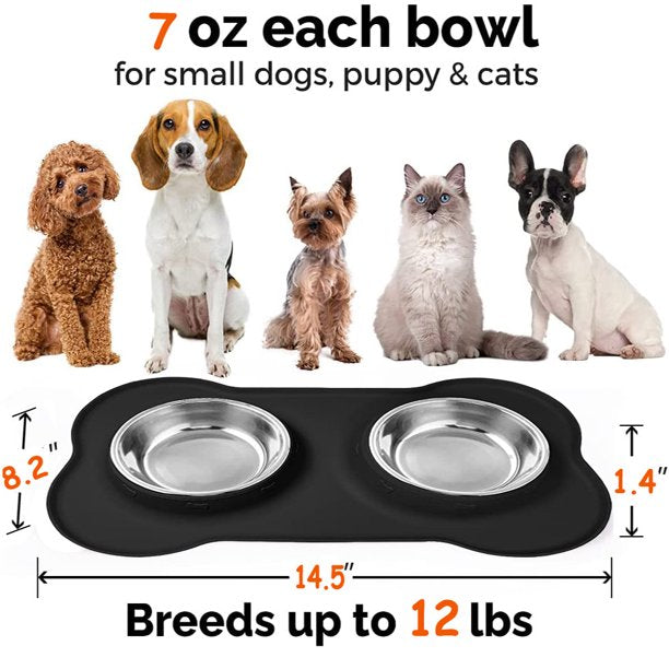 HKEEY Dog Bowls, Double Dog and Cat Bowls with Anti-Overflow and Anti-Skid Dog Food Mat, Small Dog and Cat Feeding Water and Bowls