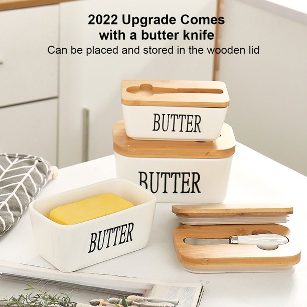 HKEEY Butter Dish,Ceramic Butter Dish with lid and Stainless Steel Butter Knife Spreader, Butter Keeper Double Silicone Seals, Easy Clean, Butter Dishes with Covers