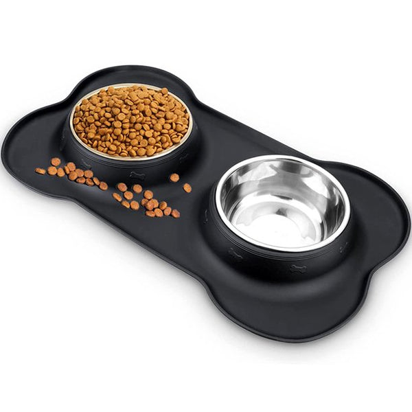 HKEEY Dog Bowls, Double Dog and Cat Bowls with Anti-Overflow and Anti-Skid Dog Food Mat, Small Dog and Cat Feeding Water and Bowls