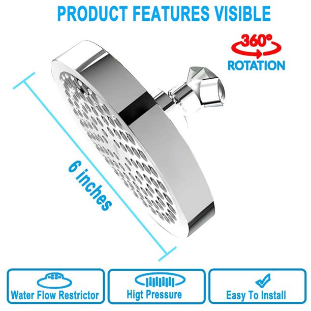 HKEEY Shower Head, 6" High Pressure Shower Head with Tape,360°Rotatable Ball Joint Bathroom Fixed Showerhead,Durable Silicone Nozzles Rain Shower Head,High Pressure Rainfall Luxury Modern Chrome Look