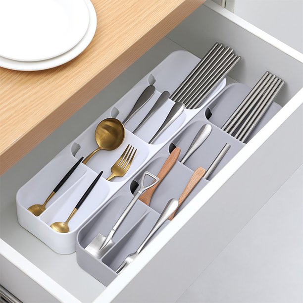 Drawer Cutlery Organizer Tray Kitchen Storage Holder Rack for Cutlery Silverware - White