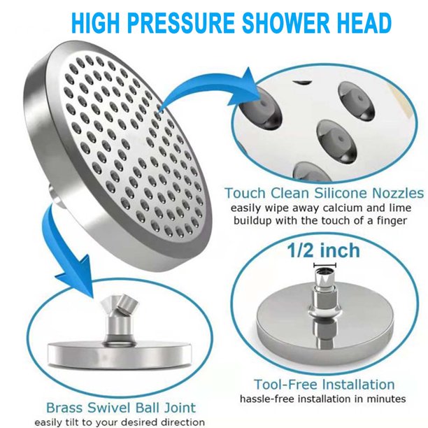 HKEEY Shower Head, 6" High Pressure Shower Head with Tape,360°Rotatable Ball Joint Bathroom Fixed Showerhead,Durable Silicone Nozzles Rain Shower Head,High Pressure Rainfall Luxury Modern Chrome Look