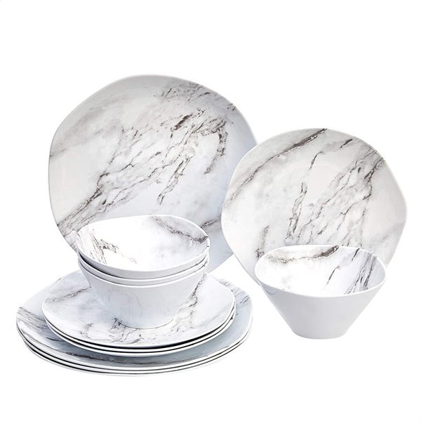 HKEEY 12-Piece Melamine Dinnerware Set - Service for 4, White Marble