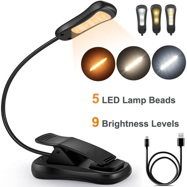 HKEEY LED Book Light, 5 LED Rechargeable Book Light Easy Clip on Reading Lamp with USB Charging Cable, 360° Rotation, 3 Color Temperature, Extra Bright Portable Task Lamp for Reading