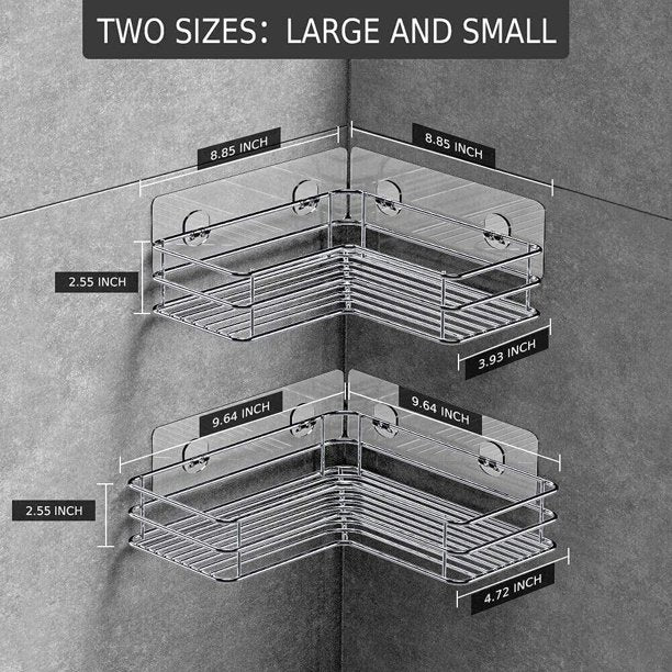 HKEEY Adhesive Corner Shower Caddy Shelf Basket Rack with Hooks, Rust Proof Stainless Steel Bathroom Shelf Holder No Drilling 2 Pack