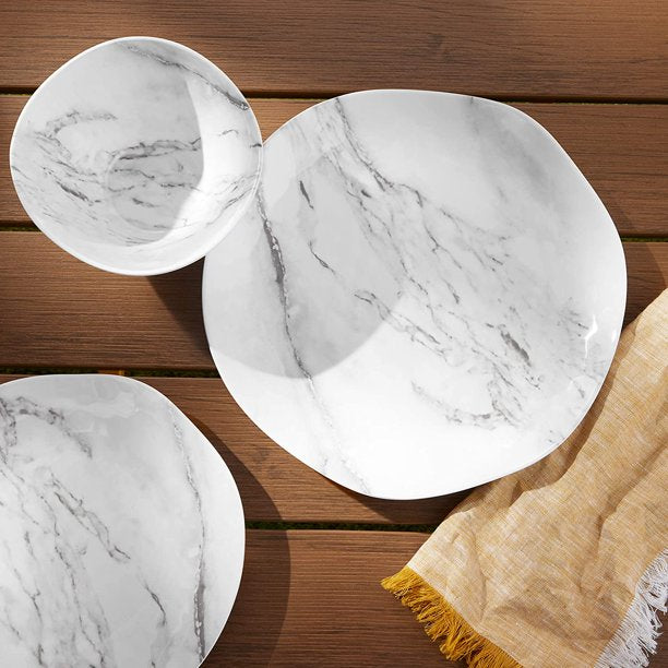 HKEEY 12-Piece Melamine Dinnerware Set - Service for 4, White Marble