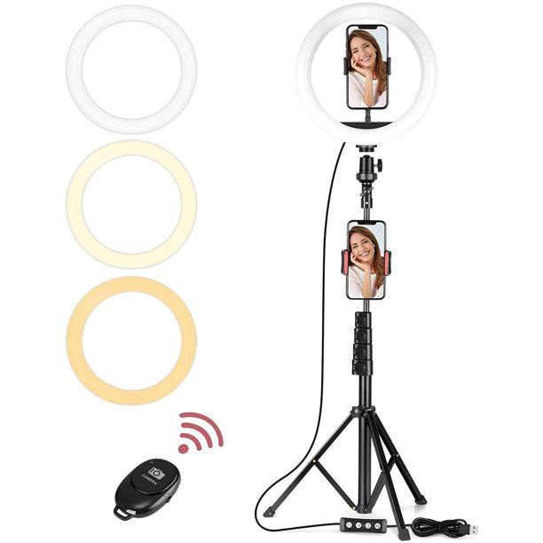 Musment Selfie Ring Light,LED Circle Light with Extendable Tripod Stand&2 Phone Holder,Dimmable 3 Modes 11 Brightness Level,360° Rotating Ring Light USB Charge,Ring Light (Upgraded)