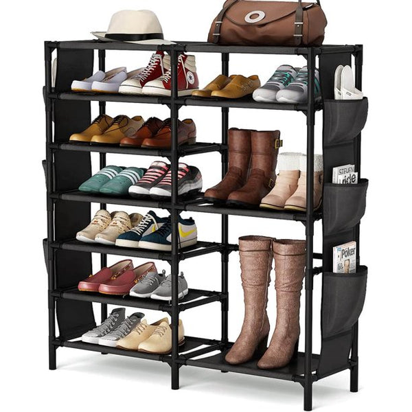 Musment 7-Tier Shoe Rack Shoe Organizer, 24-30 Pairs Boots and Shoes Storage Organizer Metal Shoe Tower with Side Hanging Shoe Pockets for Entryway,Closet and Bedroom