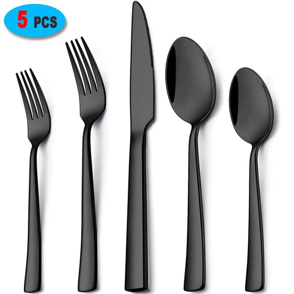 HKEEY Silverware Set,[5 Pcs]Black Flatware Sets,Stainless Steel Eating Utensils Cutlery Includes Knives/Spoons/Forks,Tableware for Home Restaurant Party,Shiny Mirror Polished,Dishwasher Safe