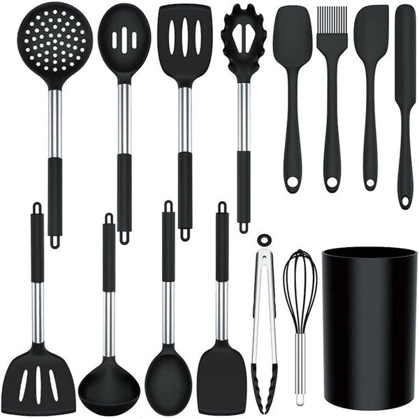 HKEEY Silicone Cooking Utensils Set ,15 Pcs Kitchen Utensils Cooking Utensils Set, Food Grade Silicone Spatula Set, Non-Stick Heat Resistant Silicone Cookware-BPA-Free