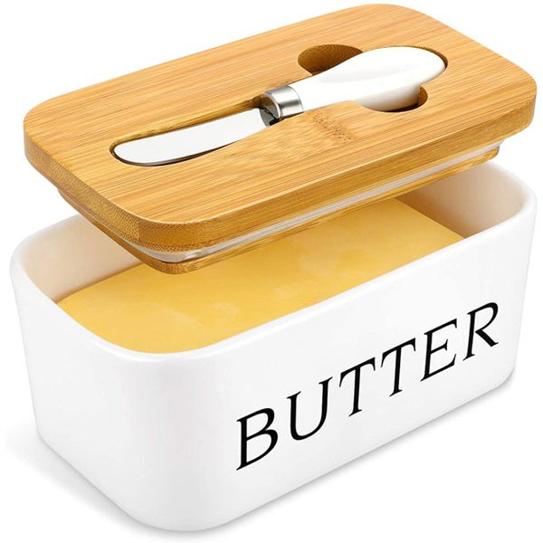 HKEEY Butter Dish,Ceramic Butter Dish with lid and Stainless Steel Butter Knife Spreader, Butter Keeper Double Silicone Seals, Easy Clean, Butter Dishes with Covers