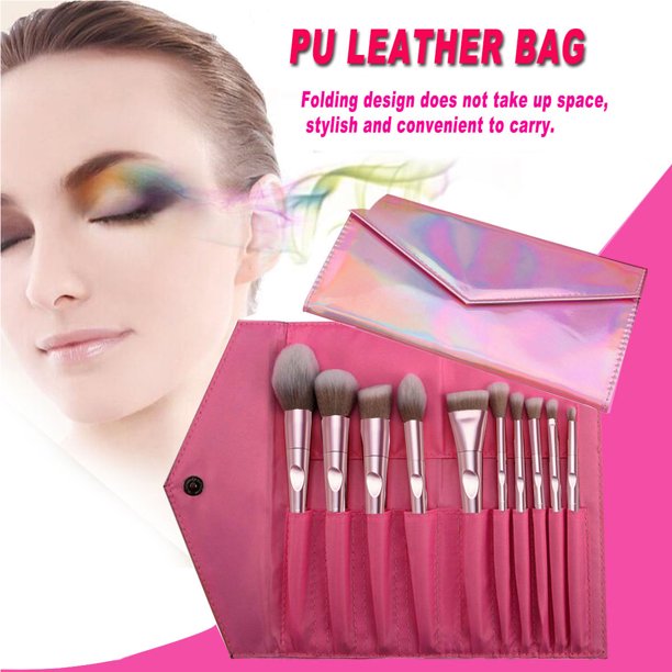 HKEEY Makeup brush, 10 pcs Makeup Brushes Set with Laser Bags,Pink Laser Bag Thumb Make up Brushes,Blush and Eye Shadow Brushe System Cosmetic Tool, Kit Full Facial Cosmetic Tools