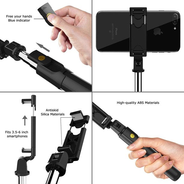 Musment 3 in 1 Extendable Selfie Stick Tripod with Detachable Bluetooth Wireless Remote Phone Holder Compatible with iPhone and Android Smartphone