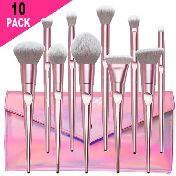 HKEEY Makeup brush, 10 pcs Makeup Brushes Set with Laser Bags,Pink Laser Bag Thumb Make up Brushes,Blush and Eye Shadow Brushe System Cosmetic Tool, Kit Full Facial Cosmetic Tools