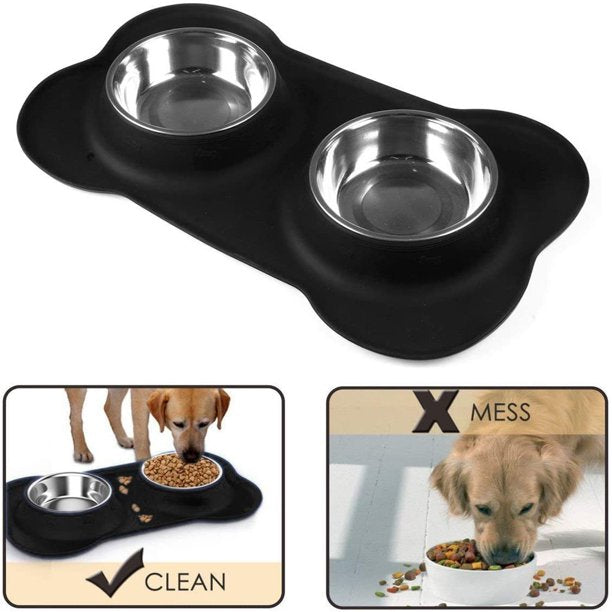 HKEEY Dog Bowls, Double Dog and Cat Bowls with Anti-Overflow and Anti-Skid Dog Food Mat, Small Dog and Cat Feeding Water and Bowls