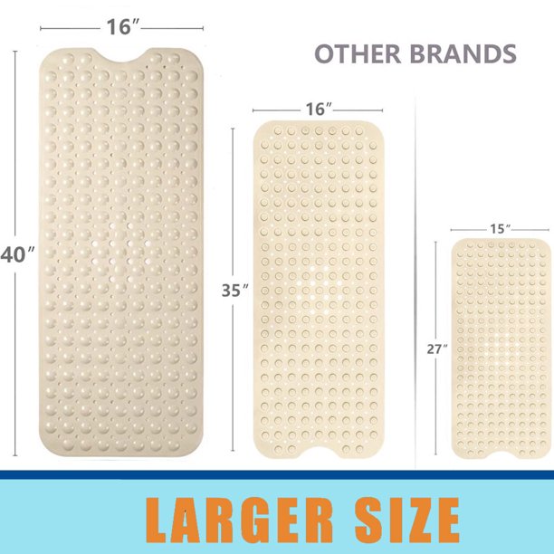 Pinshey Bath Tub Mat, Bathroom Shower Mats,Non-Slip Bathtub Mats with Suction Cups and Drain Holes Machine Washable,39.4x15.8 inches Beige