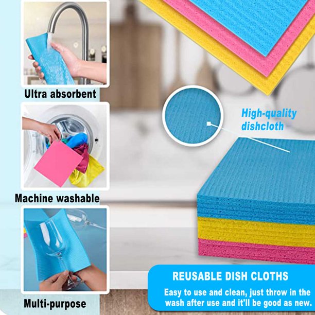 HKEEY Dish Cloths - 10 Pack Reusable, Absorbent Hand Towels for Kitchen, Counters & Washing Dishes - Cellulose Sponge Cloth