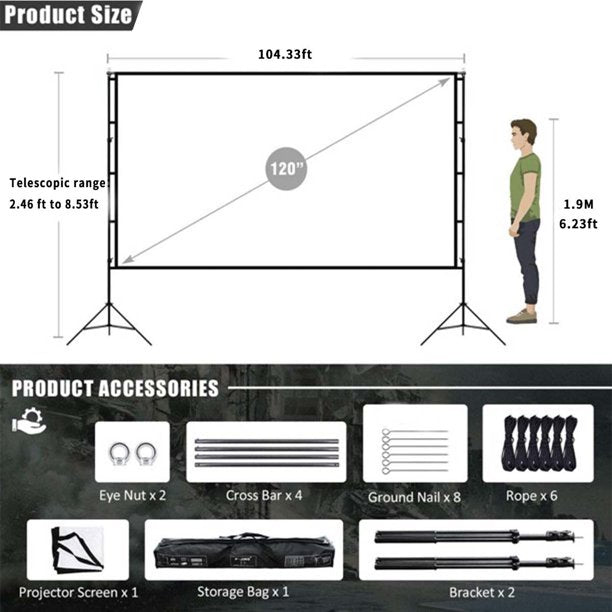 HKEEY Projector Screen with Stand,120" Portable Projector Screen,16:9 4K HD&160°Viewing Angle Screen,with Retractable Tripod and Carry Bag, Rear/Front Projections Movies Screen for Indoor/Outdoor/Office