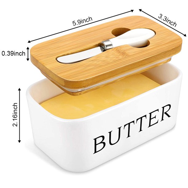 HKEEY Butter Dish,Ceramic Butter Dish with lid and Stainless Steel Butter Knife Spreader, Butter Keeper Double Silicone Seals, Easy Clean, Butter Dishes with Covers