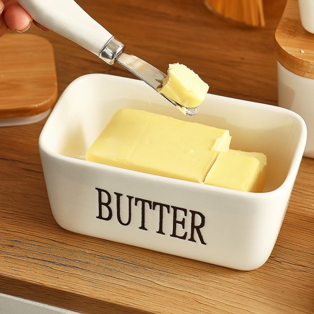 HKEEY Butter Dish,Ceramic Butter Dish with lid and Stainless Steel Butter Knife Spreader, Butter Keeper Double Silicone Seals, Easy Clean, Butter Dishes with Covers