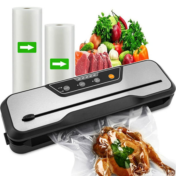 HKEEY Food Saver Vacuum Sealer Machine with 2 Rolls Food Vacuum Sealer Bags，Dry & Moist Food Modes, Led Indicator Lights, Easy to Clean, Compact Design