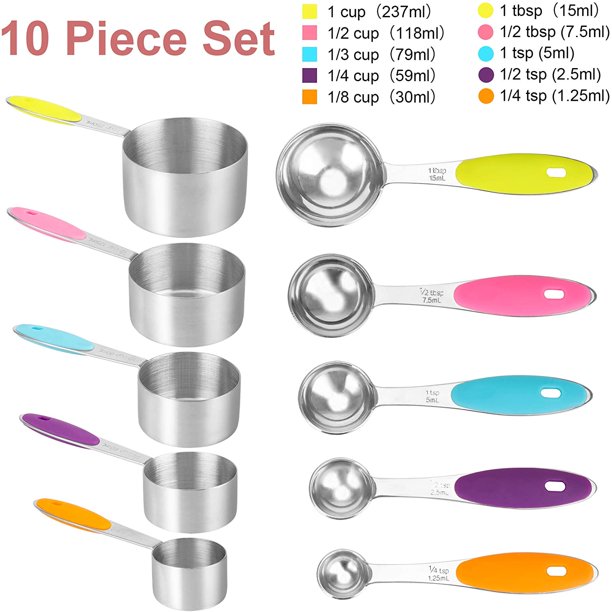 Musment Measuring Cups and Spoons Set ,10 Piece Stainless Steel Measuring Spoons and Cups with Soft Silicone Handles and Clearly Scale